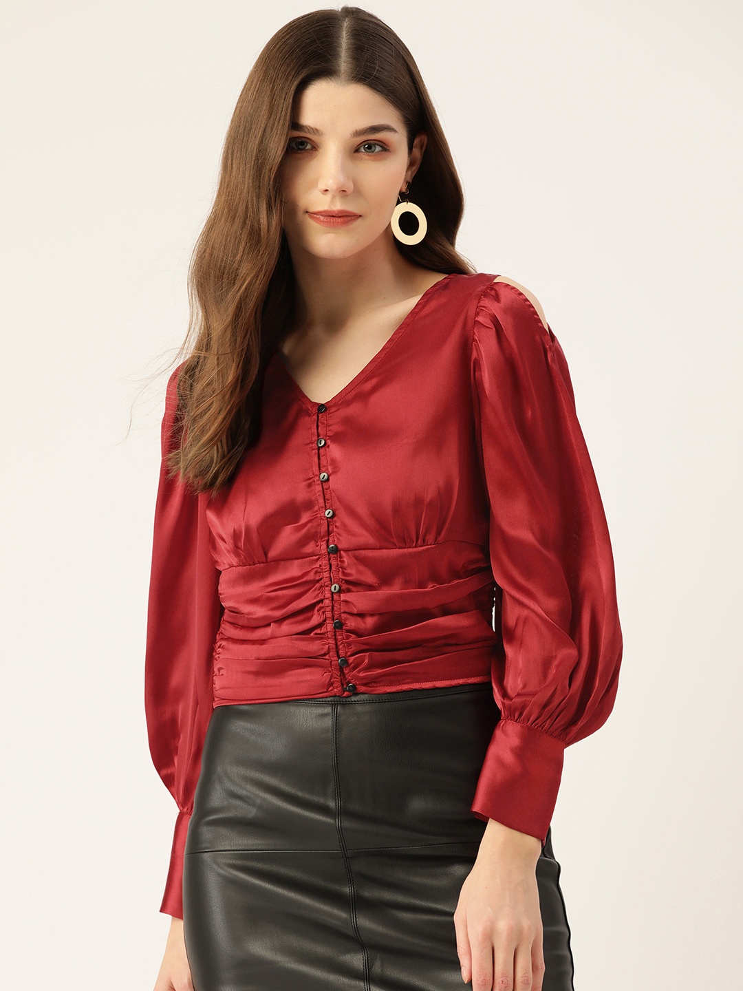 

Antheaa Maroon Solid V-Neck Cold-Shoulder Sleeves Smocked Ruched Satin Shirt Style Top