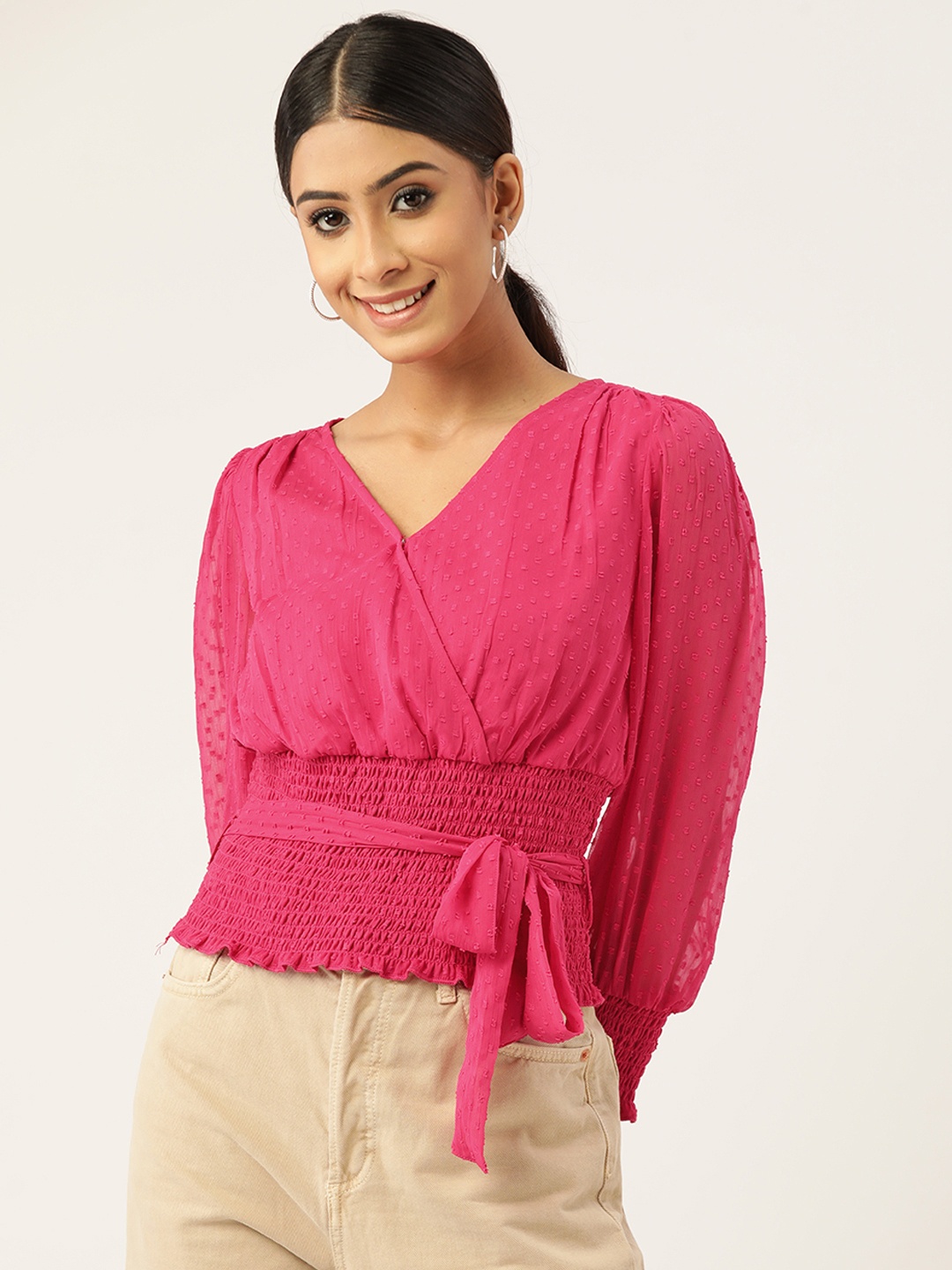 

Antheaa Women Pink Smocked Regular Top with Waist Tie-up detail