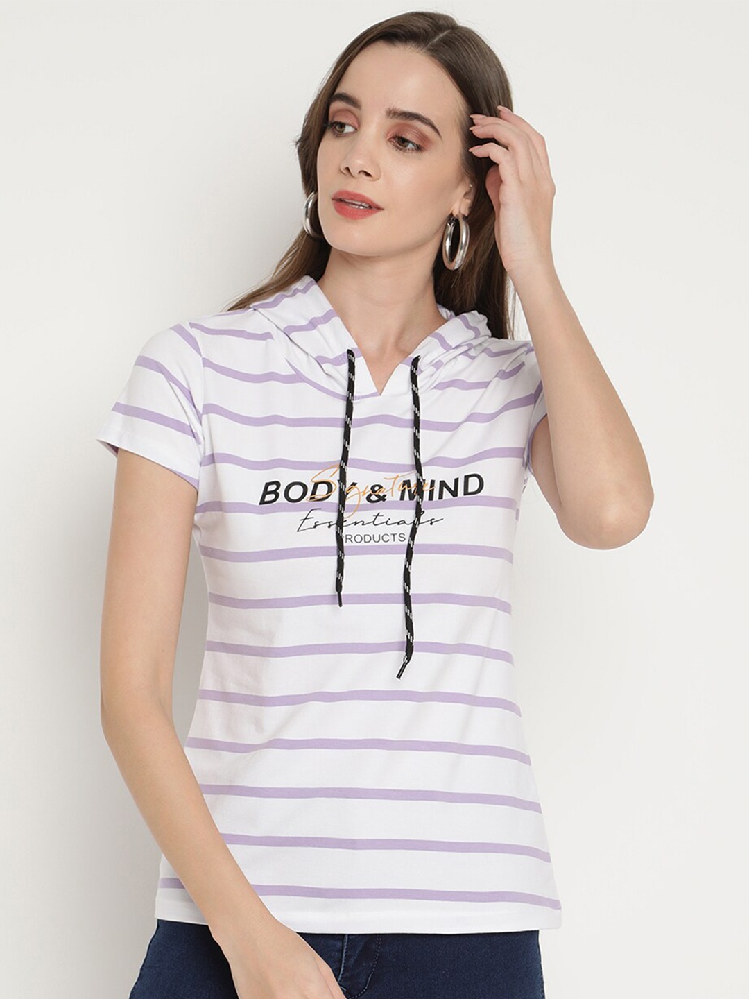

V2 Value & Variety Women Purple Striped Hooded Regular Top