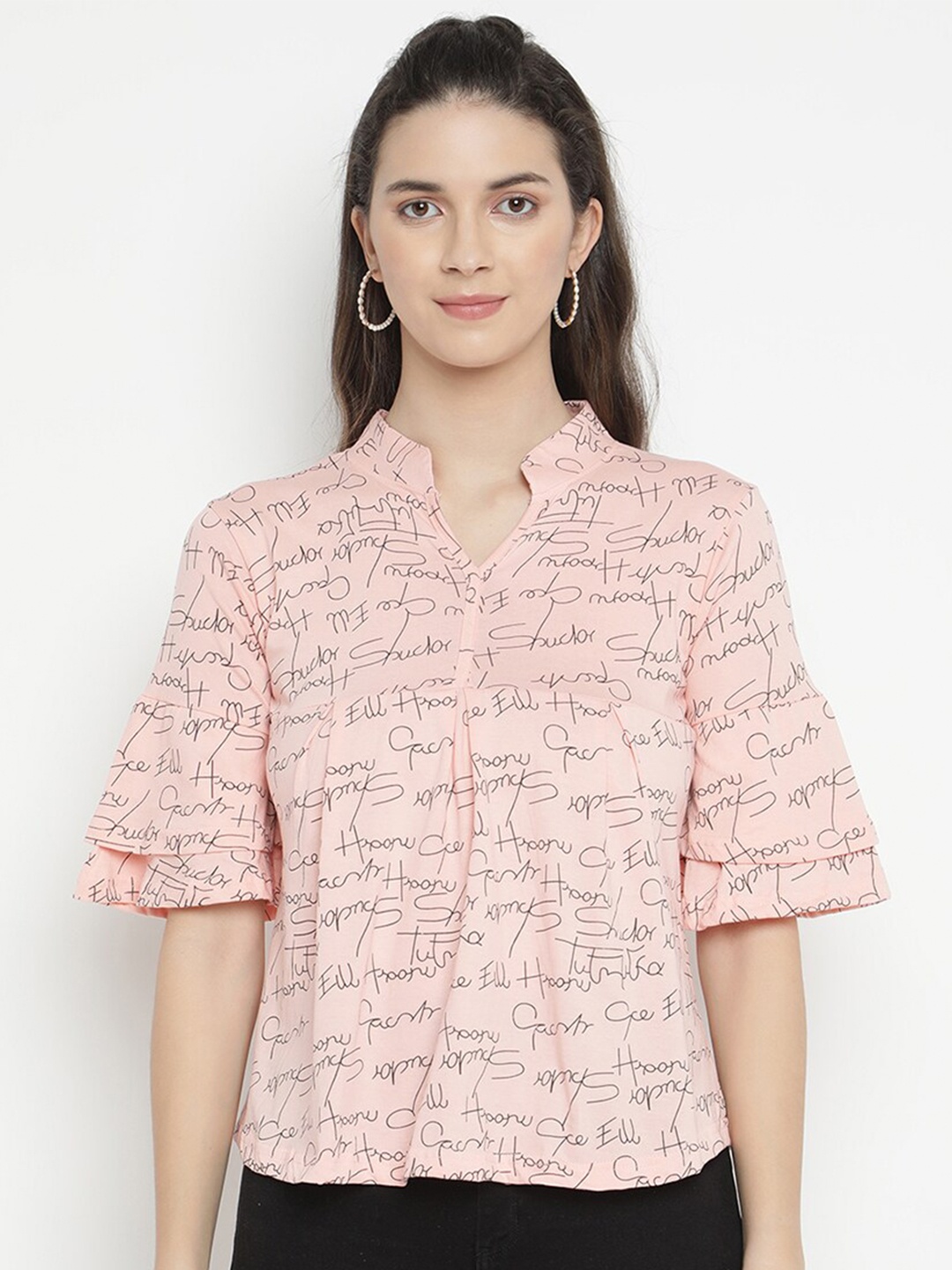 

V2 Value & Variety Peach-Coloured Mandarin Collar Shirt Style Top