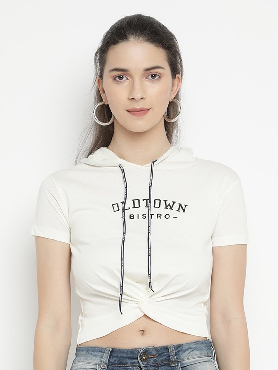 

V2 Value & Variety Off White Tie-Up Neck Regular Crop Top