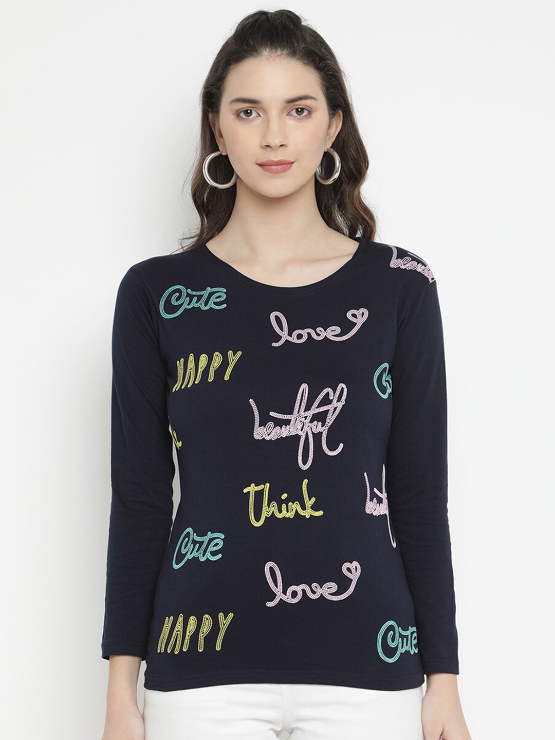 

V2 Value & Variety Navy Blue Printed Regular Top