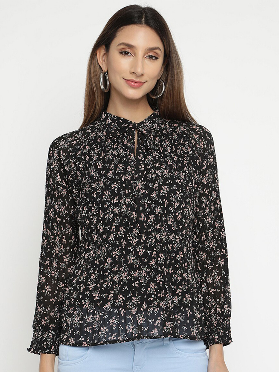 

V2 Value & Variety Black Floral Tie-Up Neck Chiffon Regular Top