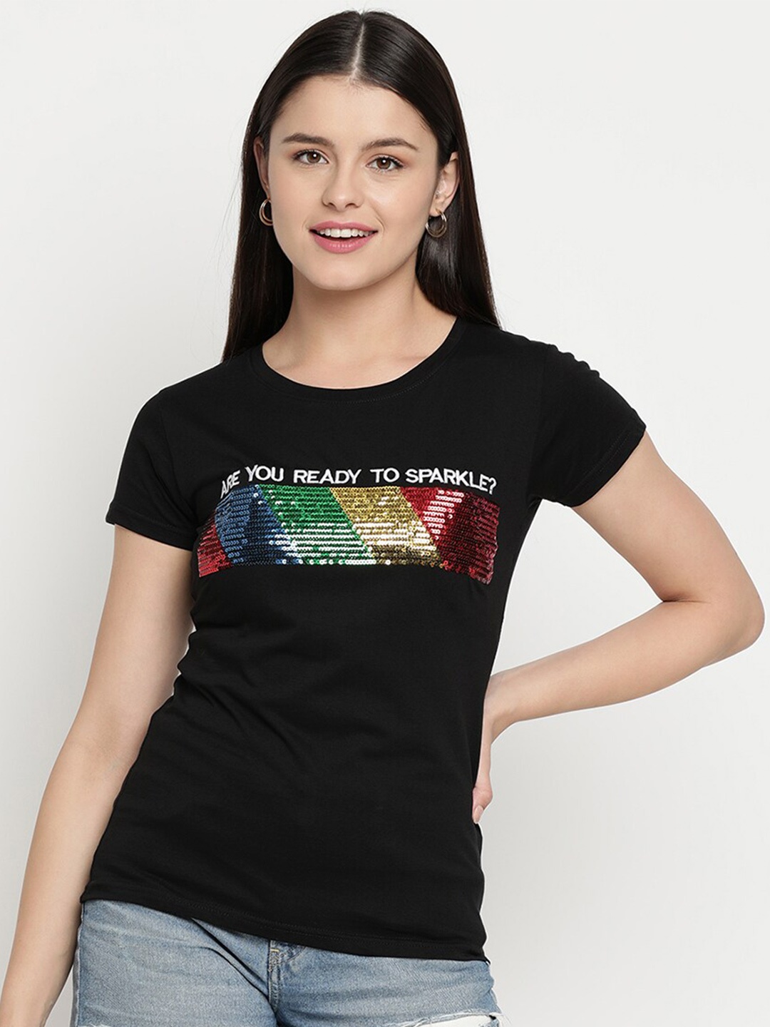 

V2 Value & Variety Black Pure Cotton Embellished Regular Top