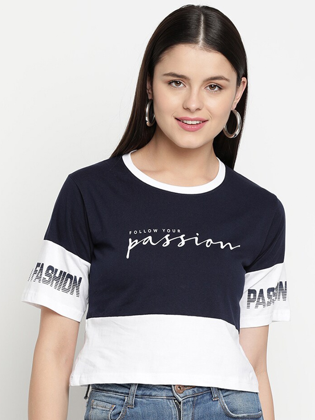 

V2 Value & Variety Navy Blue Colourblocked Styled Back Top