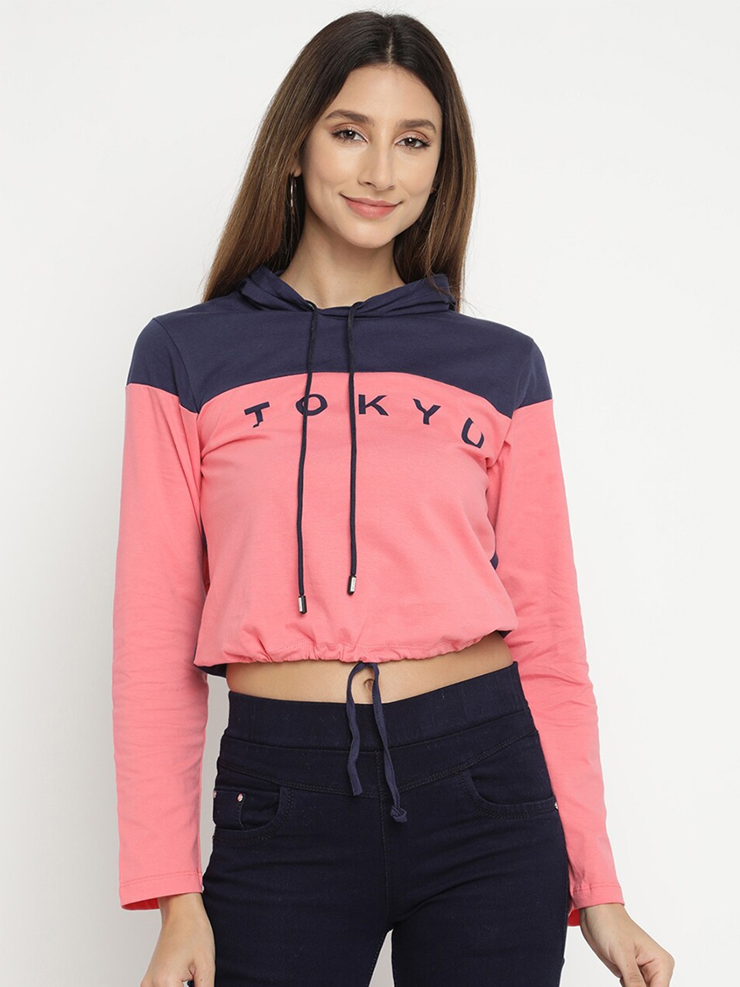 

V2 Value & Variety Women Cotton Navy Blue Printed Regular Hooded Crop Top