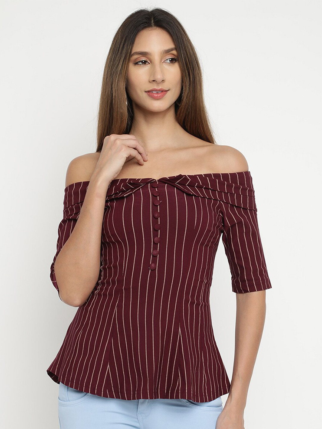 

V2 Value & Variety Maroon Striped Off-Shoulder Linen Bardot Top