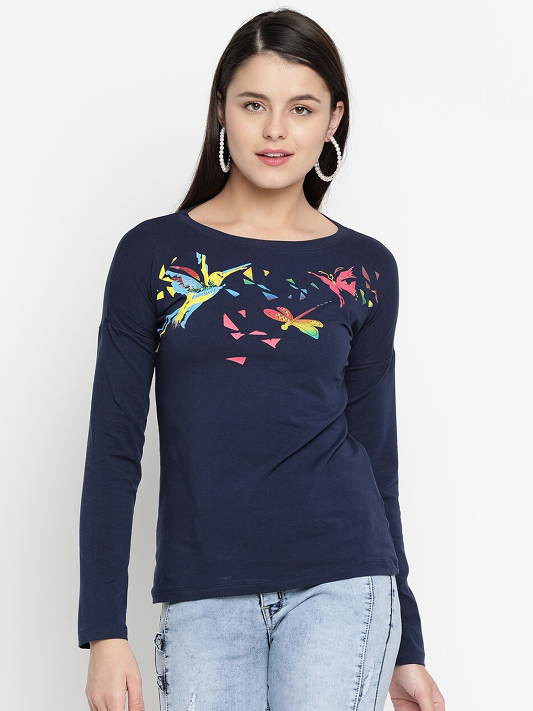 

V2 Value & Variety Navy Blue Pure Cotton Floral Regular Top