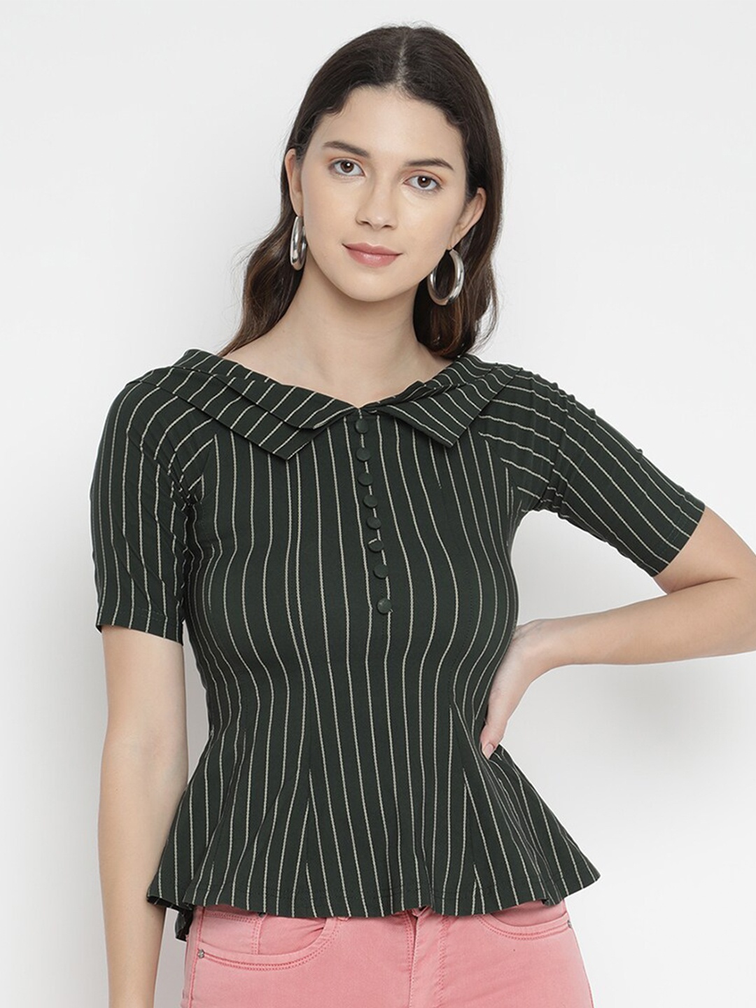 

V2 Value & Variety Green Striped Linen Peplum Top