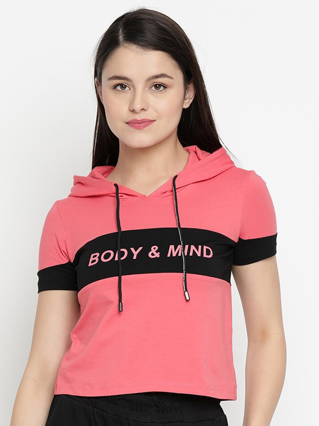 

V2 Value & Variety Pink & Black Cotton Printed Regular Hooded Crop Top