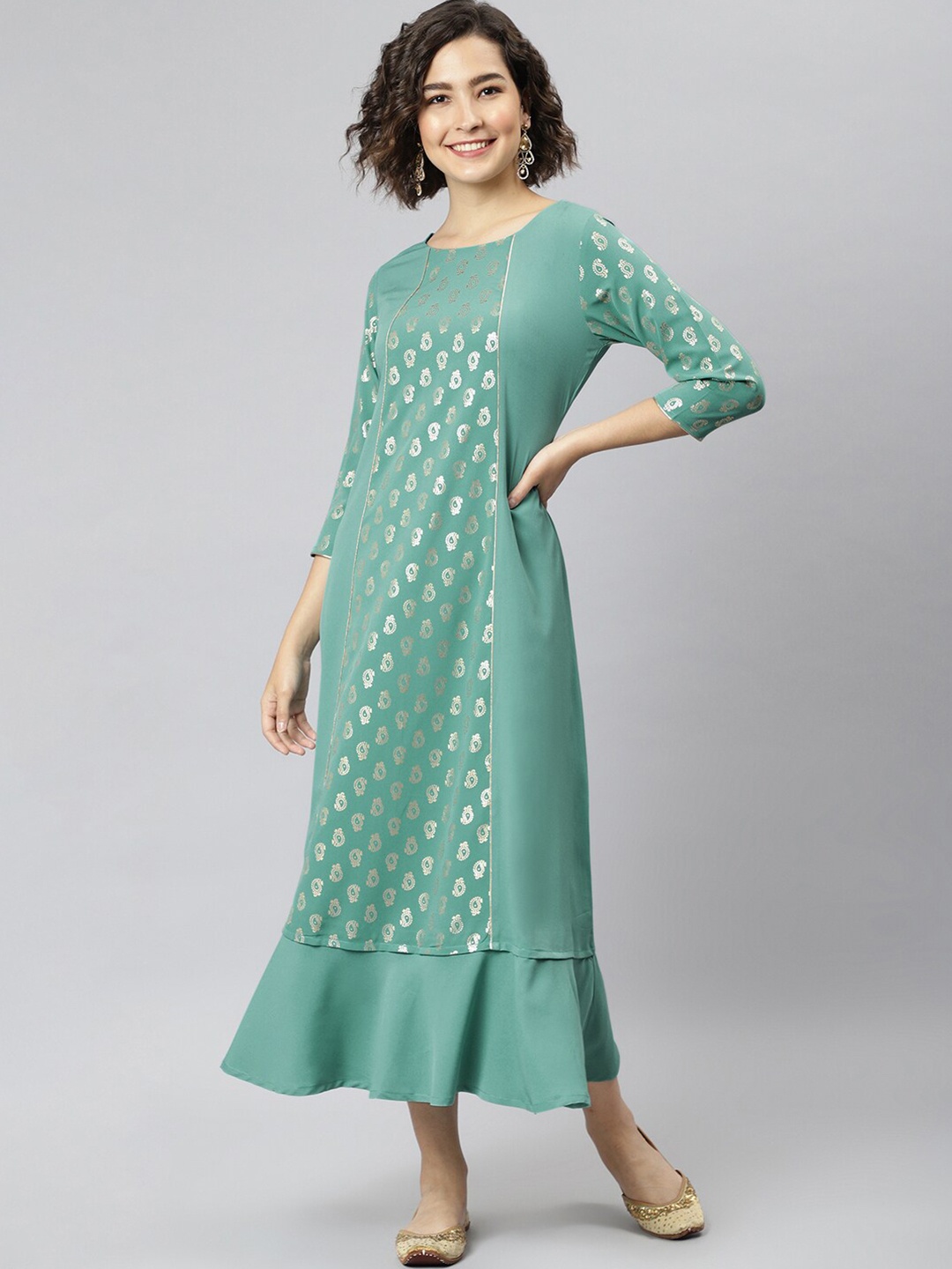 

Janasya Green Ethnic Motifs Crepe Ethnic A-Line Midi Dress