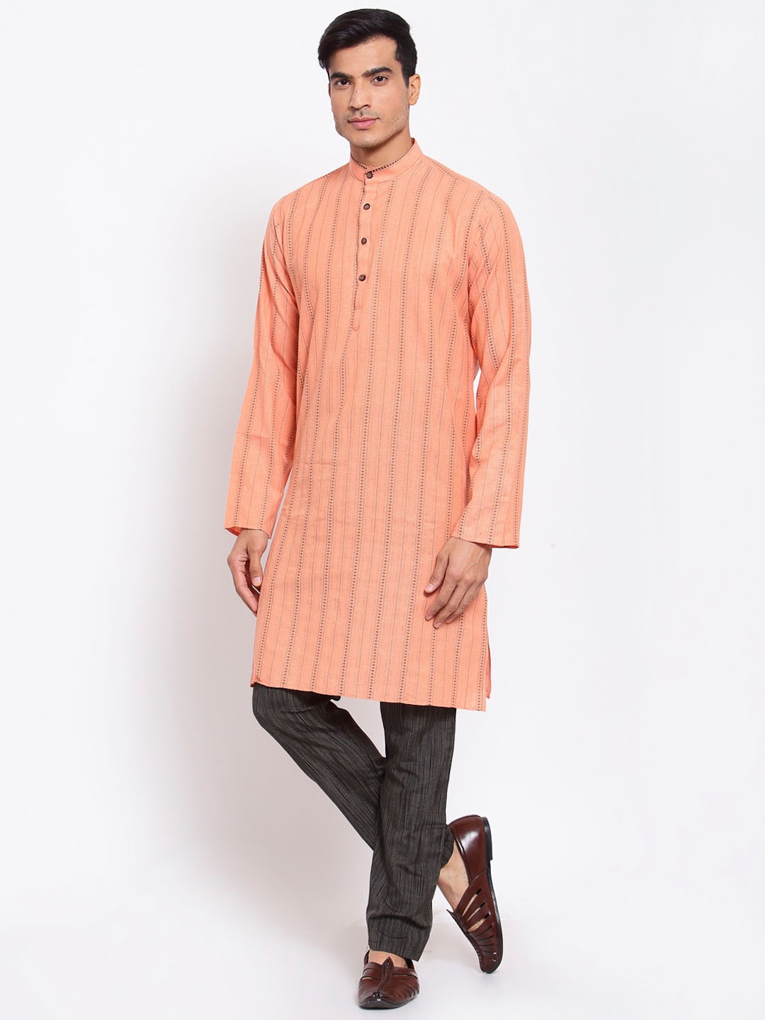 

MAXENCE Men Orange Striped Regular Pure Cotton Kurta with Pyjamas