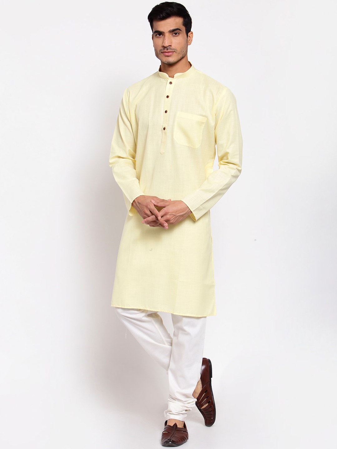 

MAXENCE Men Yellow Pleated Pure Cotton Kurta with Churidar