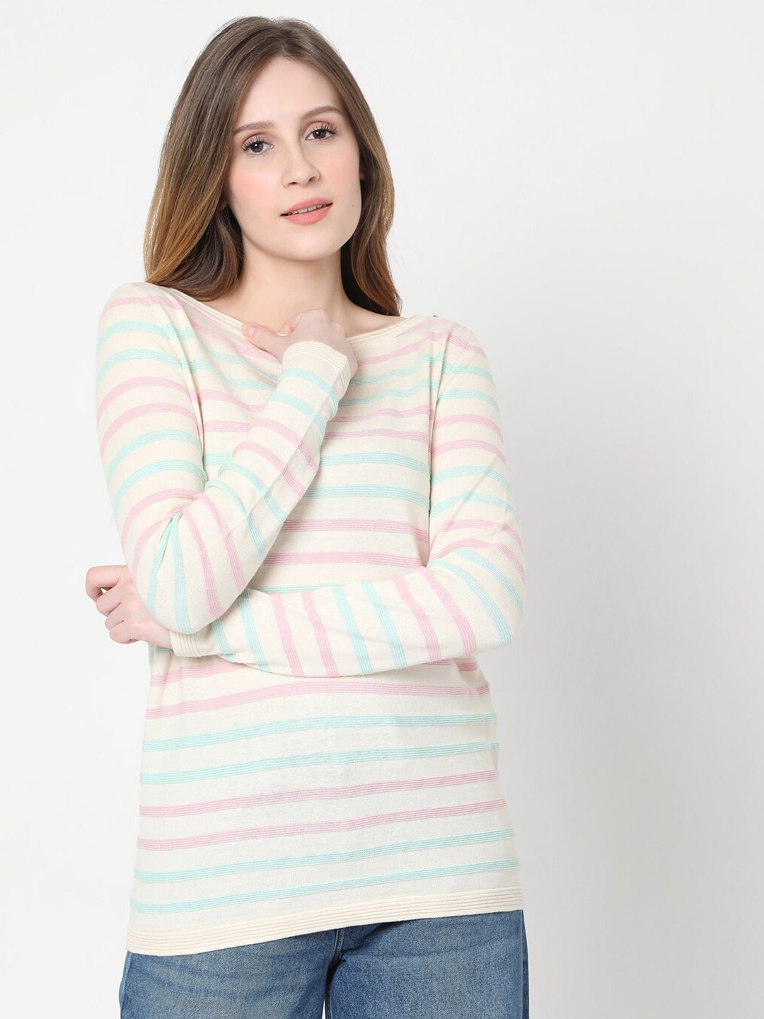 

Vero Moda Women Beige & Pink Striped Pullover