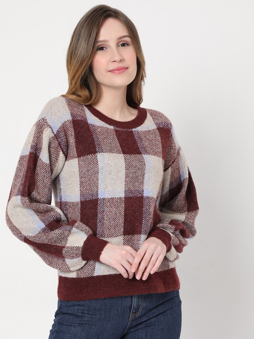 

Vero Moda Women Brown & White Checked Acrylic Pullover