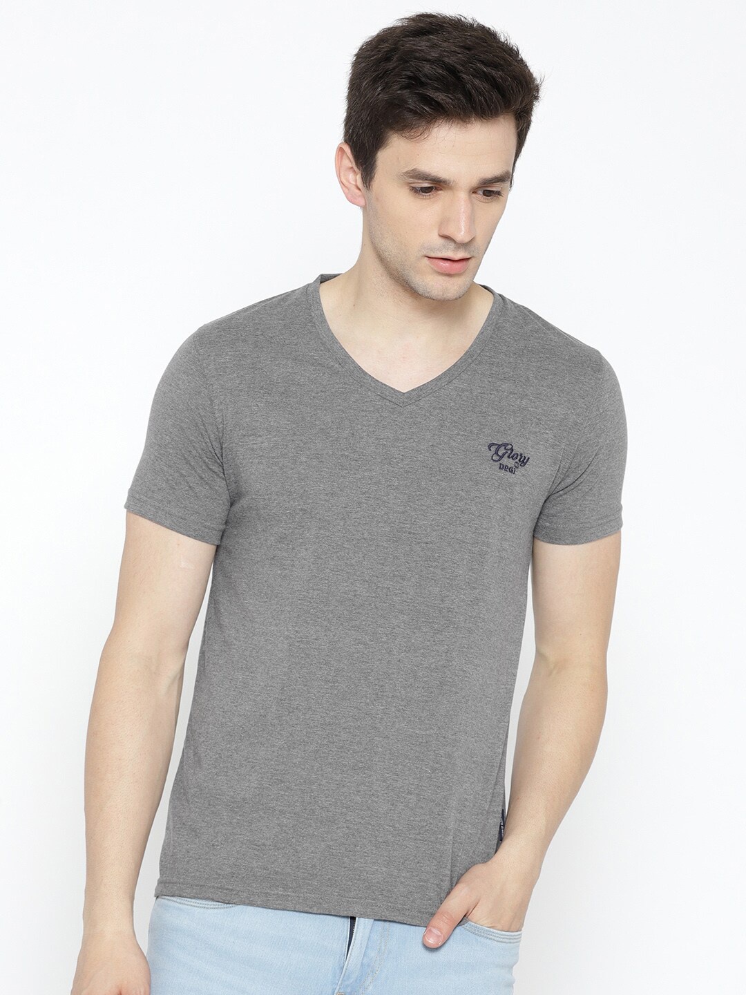 

Dream of Glory Inc Men Grey V-Neck Applique Outdoor T-shirt