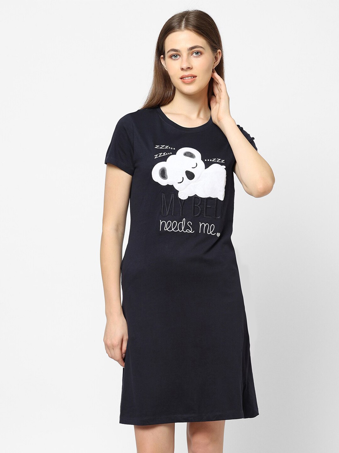 

Sweet Dreams Navy Blue Printed Nightdress