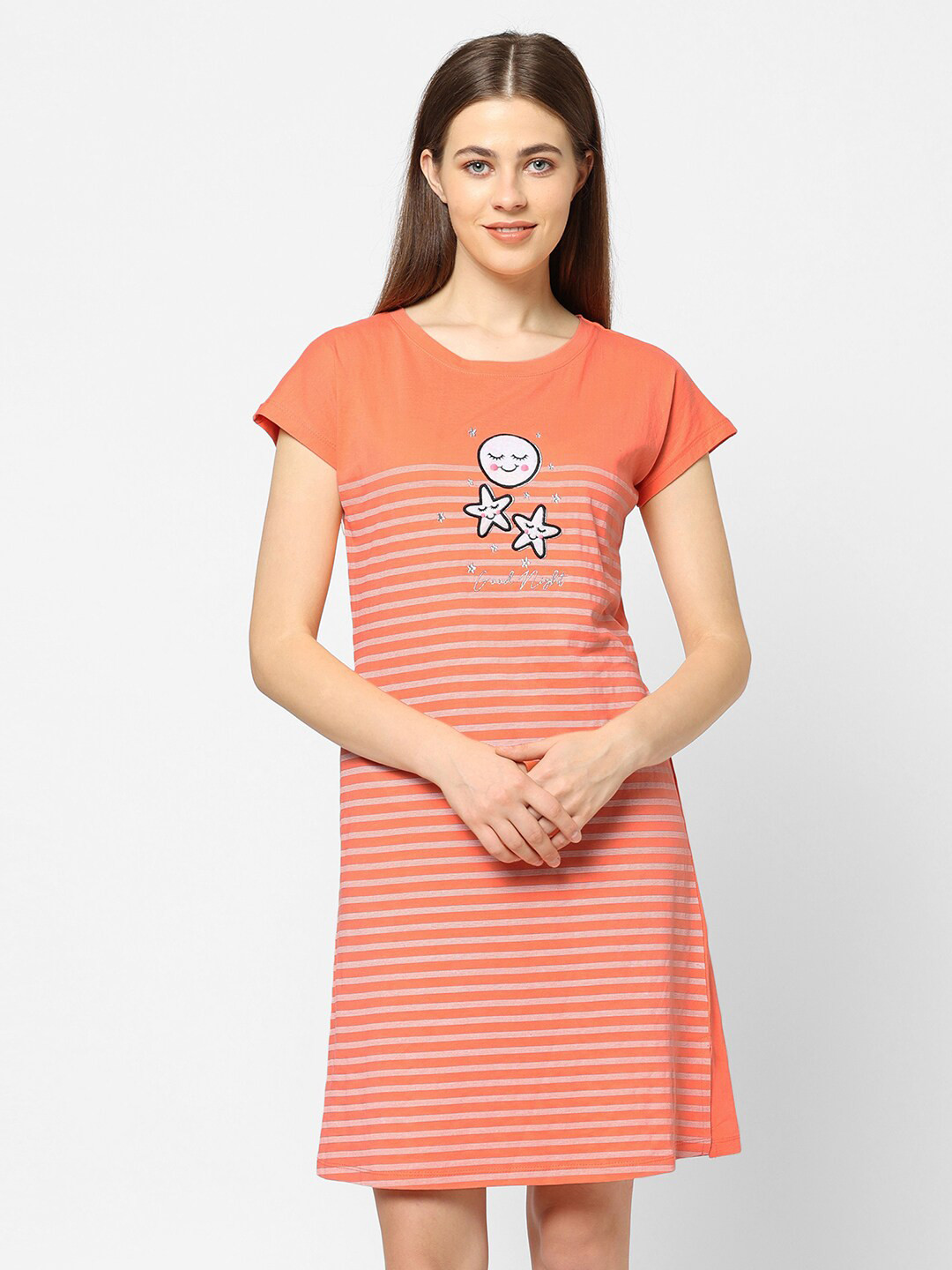 

Sweet Dreams Peach-Coloured Striped T-Shirt Nightdress