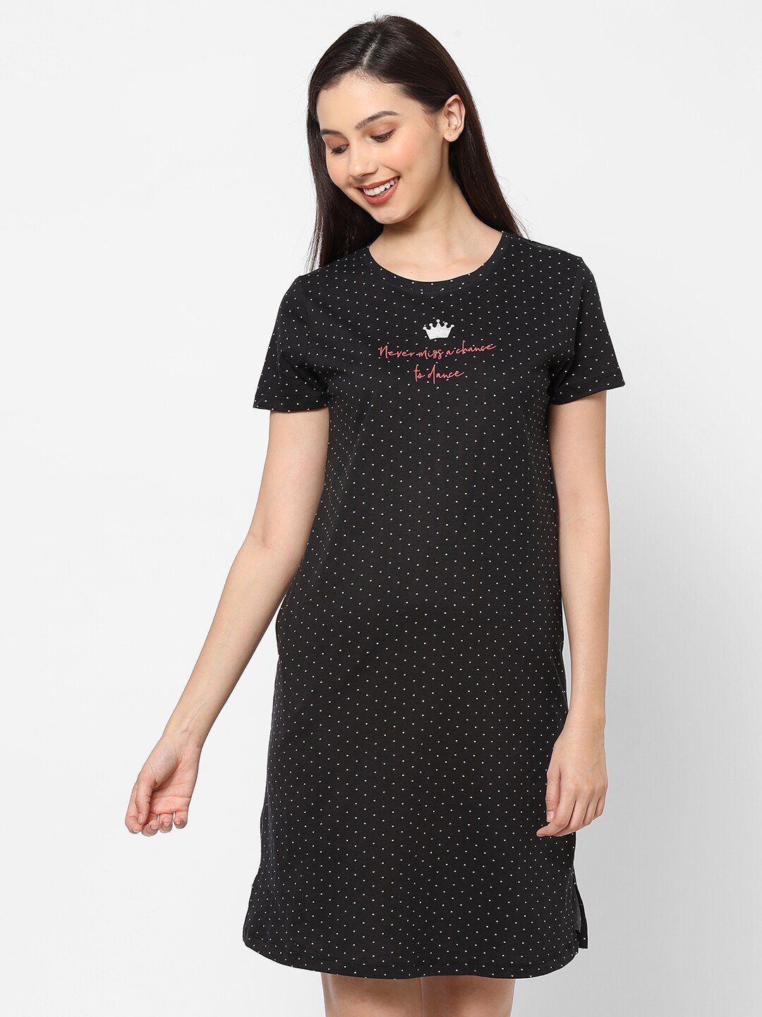 

Sweet Dreams Women Black Printed T Shirt Nightdress