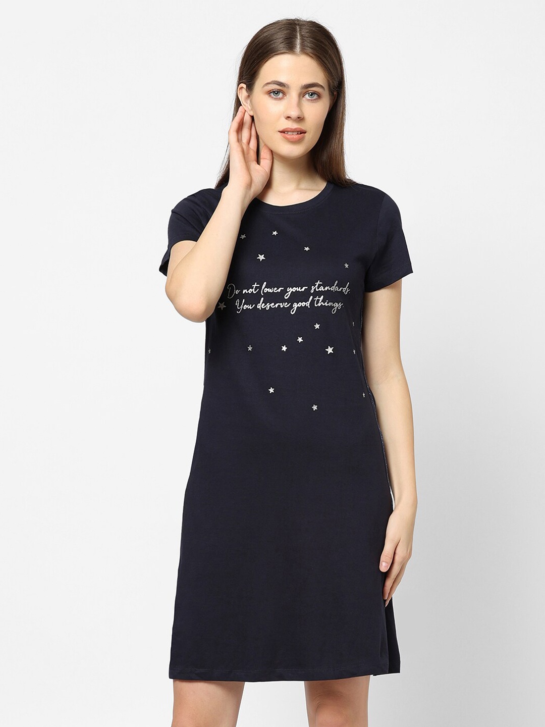 

Sweet Dreams Navy Blue Printed T-Shirt Nightdress