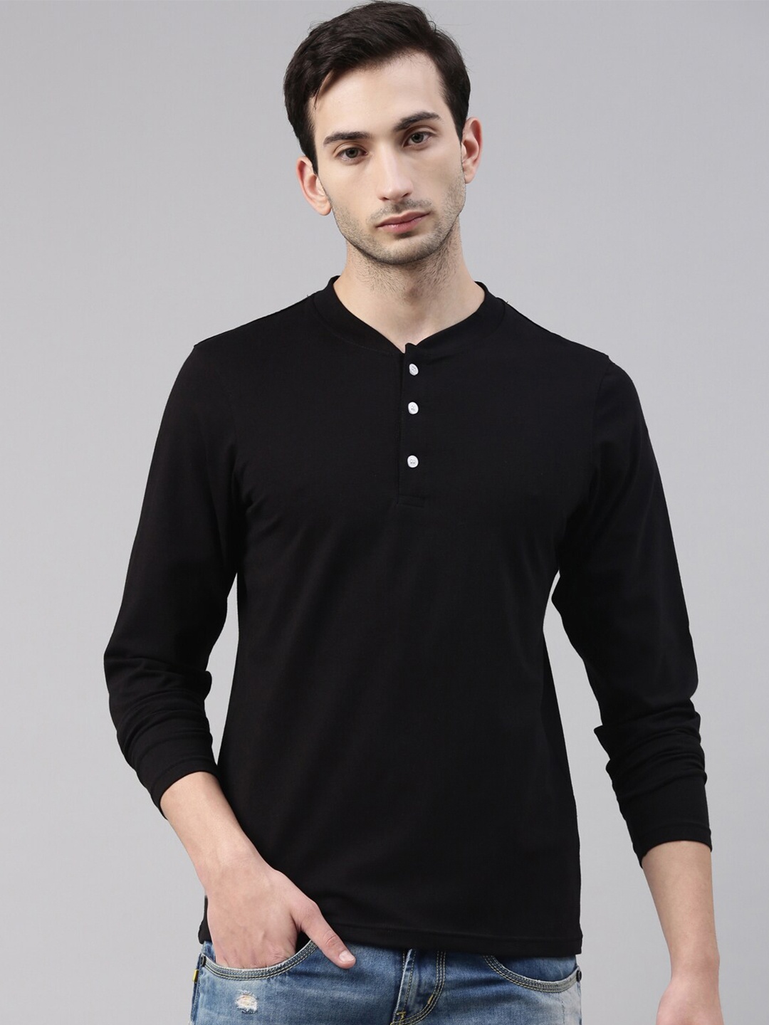 

Bushirt Men Black Henley Neck T-shirt