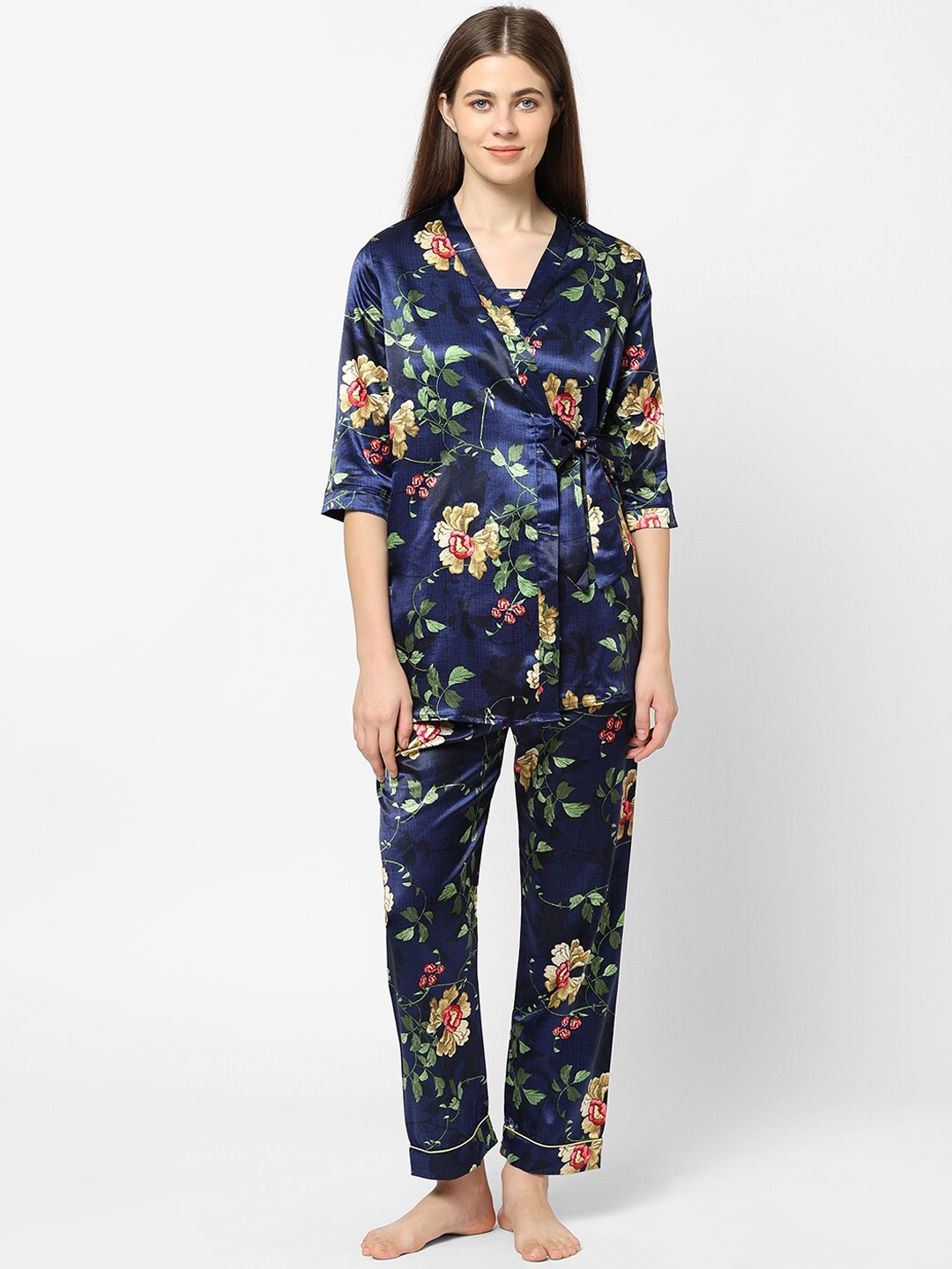 

Sweet Dreams Women Navy Blue & Green Satin Printed Floral Night suit