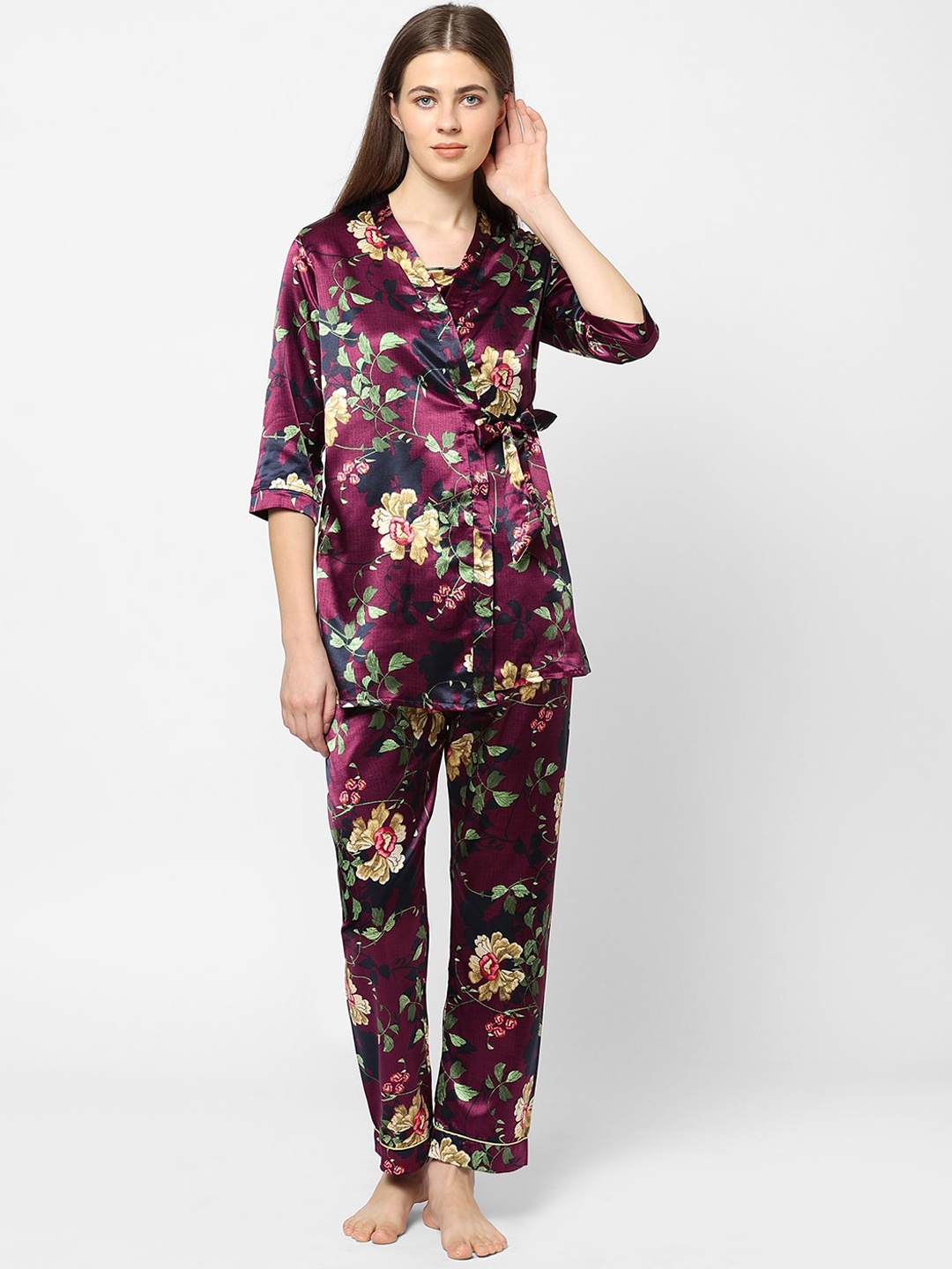 

Sweet Dreams Women Pink Floral Printed Satin Night Suit