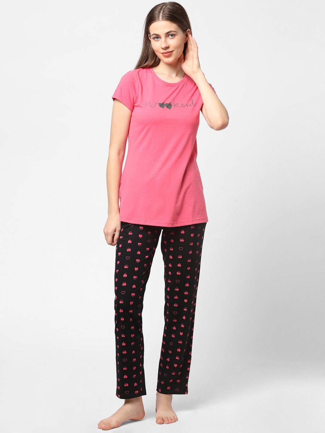 

Sweet Dreams Women Pink & Black Printed Night suit