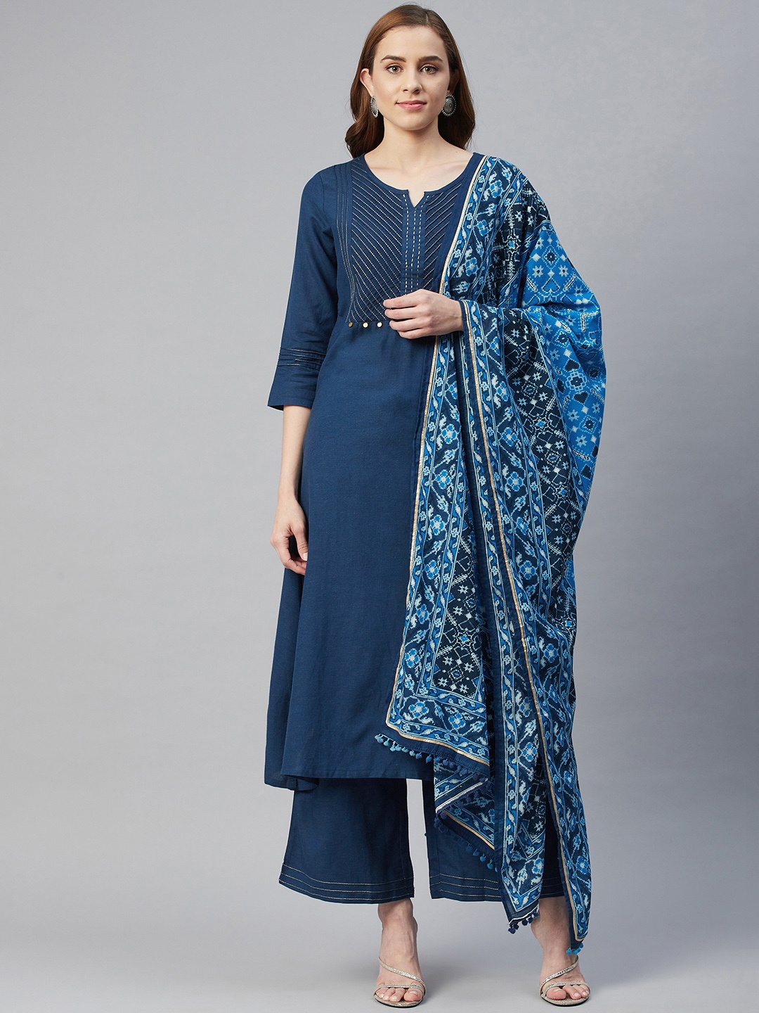 

Rangriti Women Navy Blue Regular Kurta with Palazzos & With Dupatta