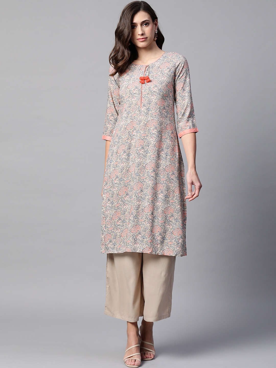 

Rangriti Women Grey & Navy Blue Ethnic Motifs Printed Kurta with Palazzos