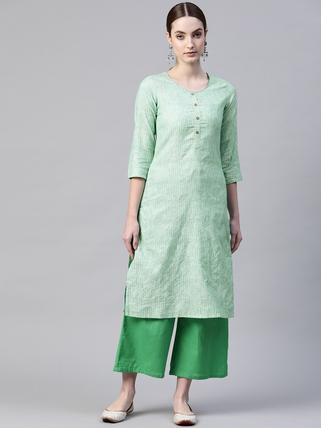 

Rangriti Women Green & Silver Self Design Pure Cotton Kurta with Palazzos