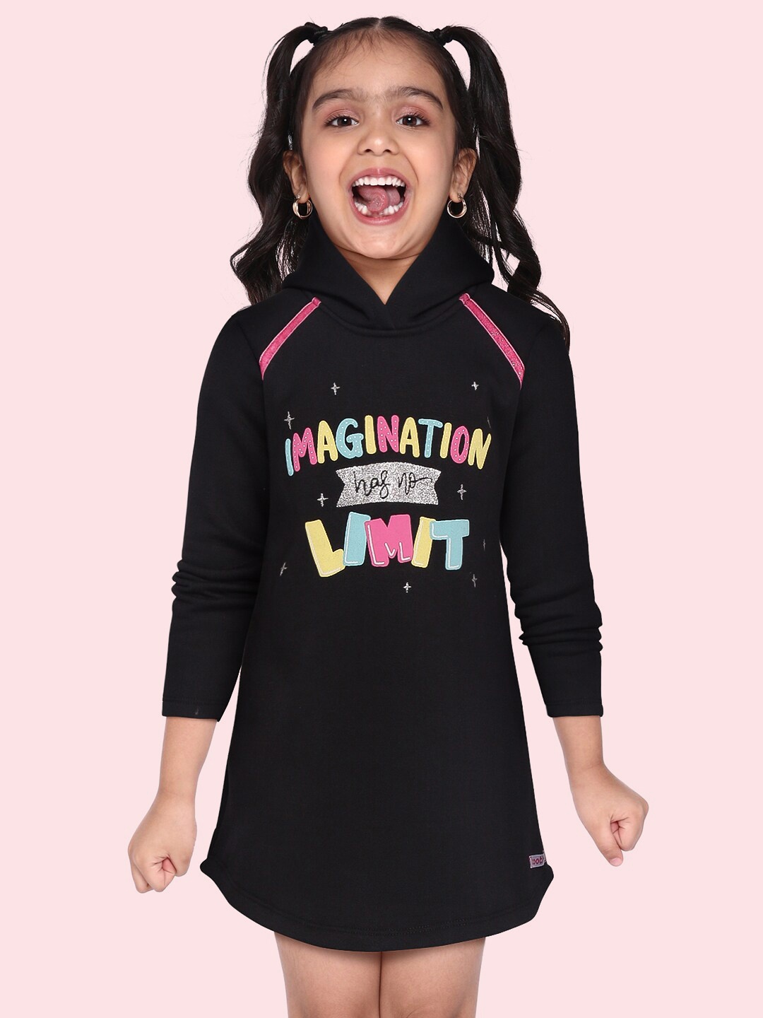 

toothless Girls Black Applique Cotton Hooded T-shirt Dress