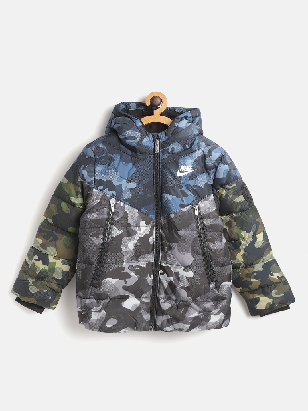 

Nike Boys Charcoal Grey & Navy Blue Camouflage Print Windrunner Hooded Puffer Jacket