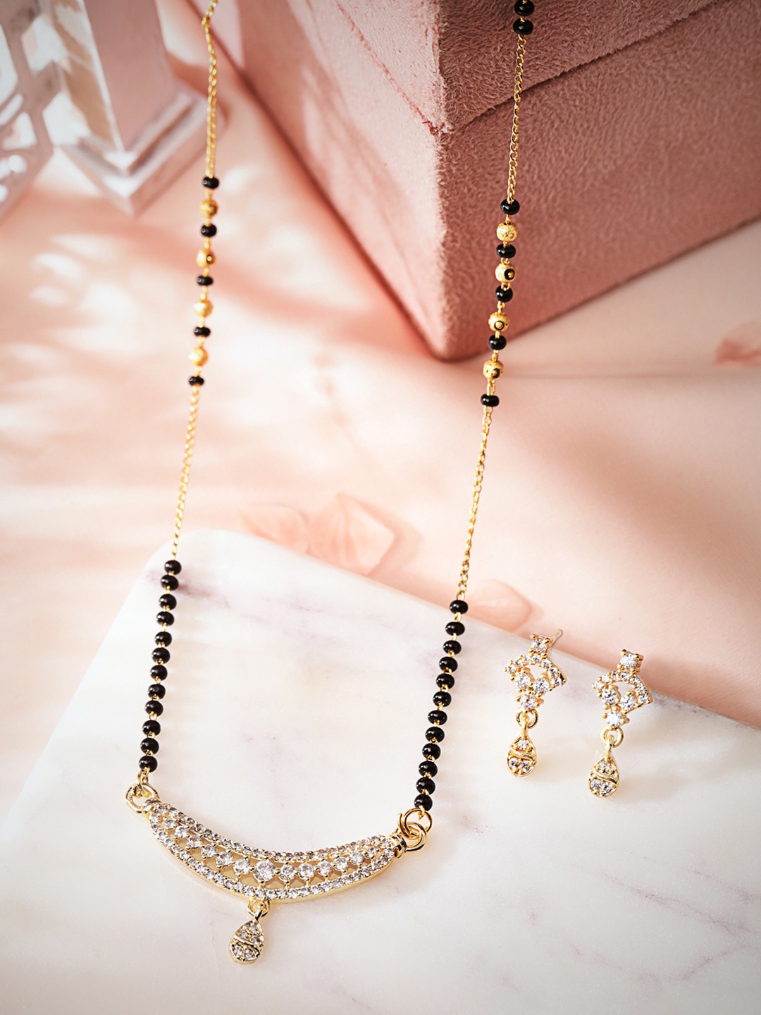

Rubans 22K Gold-Plated Black & White Stone-Studded & Beaded Mangalsutra