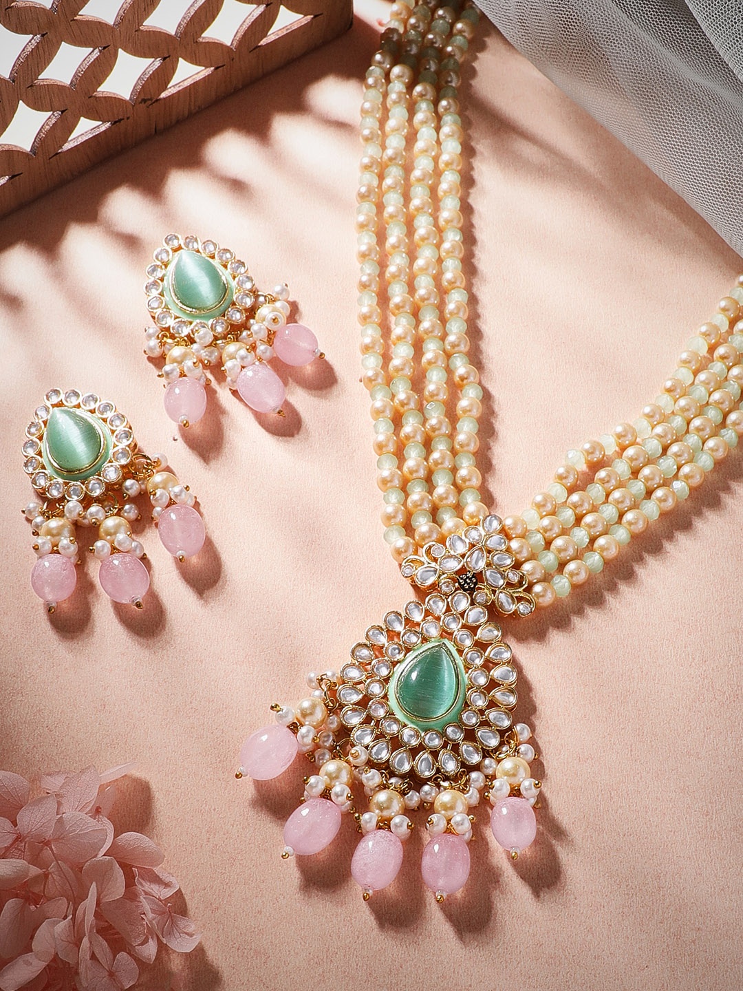 

Rubans Gold-Plated White & Pink Stone-Studded Beaded Handcrafted Jewellery Set