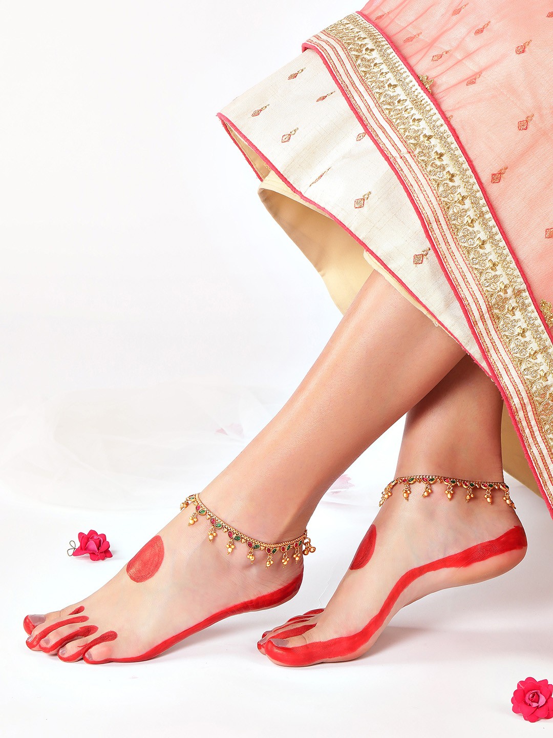 

Rubans Set of 2 24K Gold-Plated Red & Green Stone-Studded Handcrafted Anklets
