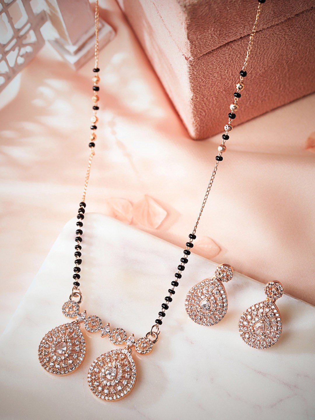 

Rubans Gold-Plated Black & White Stone-Studded & Beaded Mangalsutra