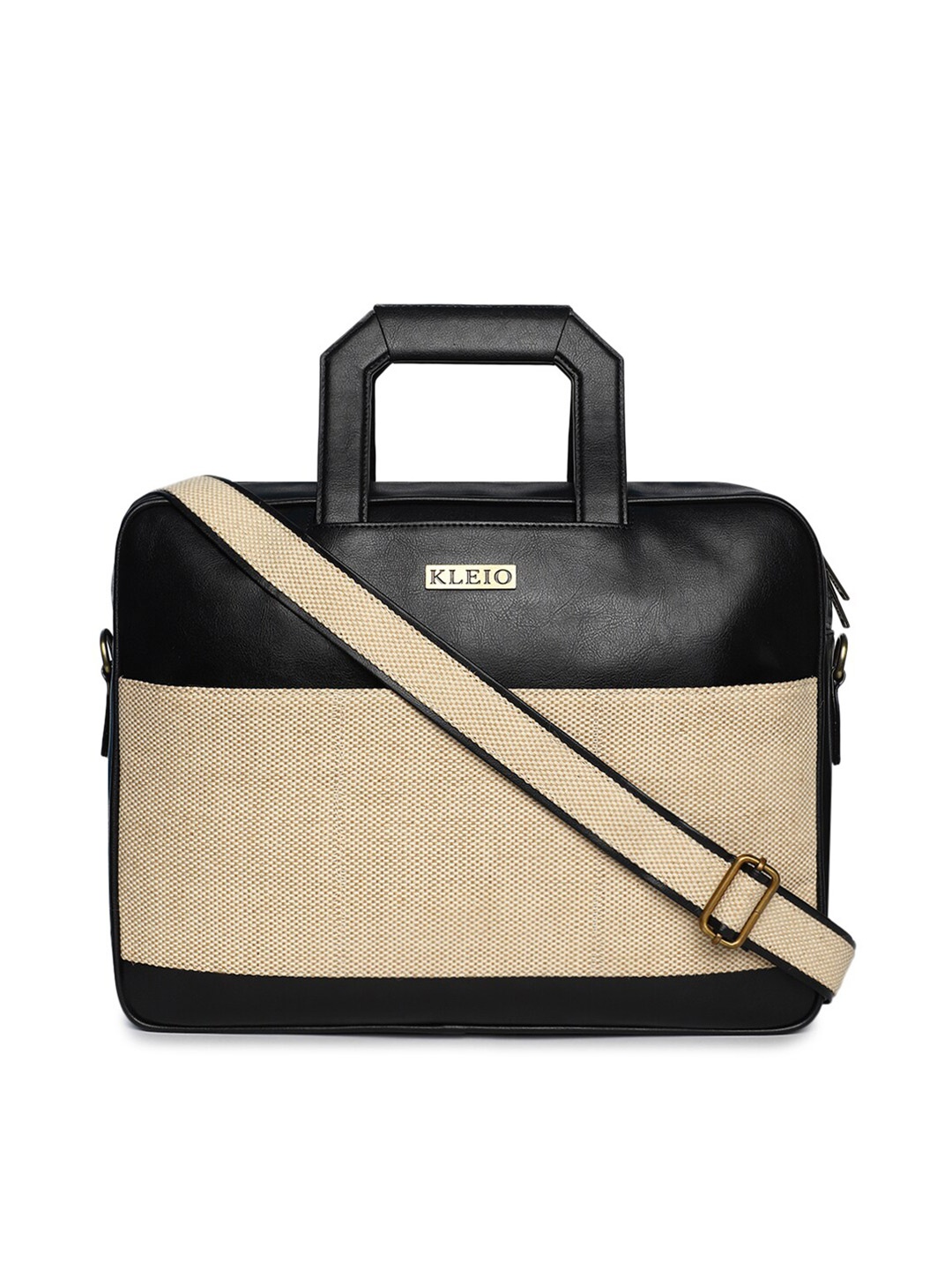 

KLEIO Unisex Black & Beige Textured PU Laptop Bag