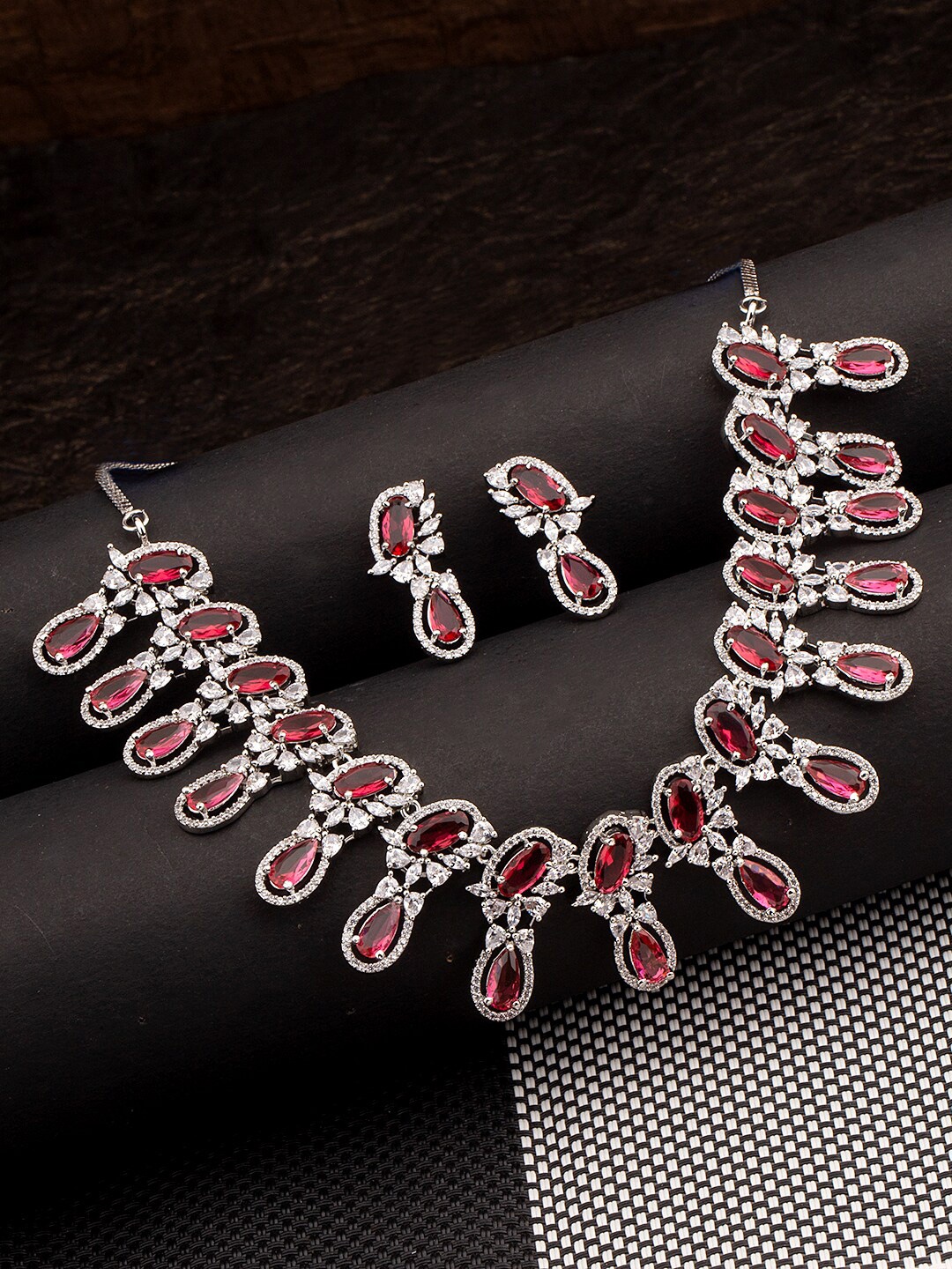 

Studio Voylla Rhodium-Plated & Red CZ- Studded Drop Design Jewellery Set, Silver