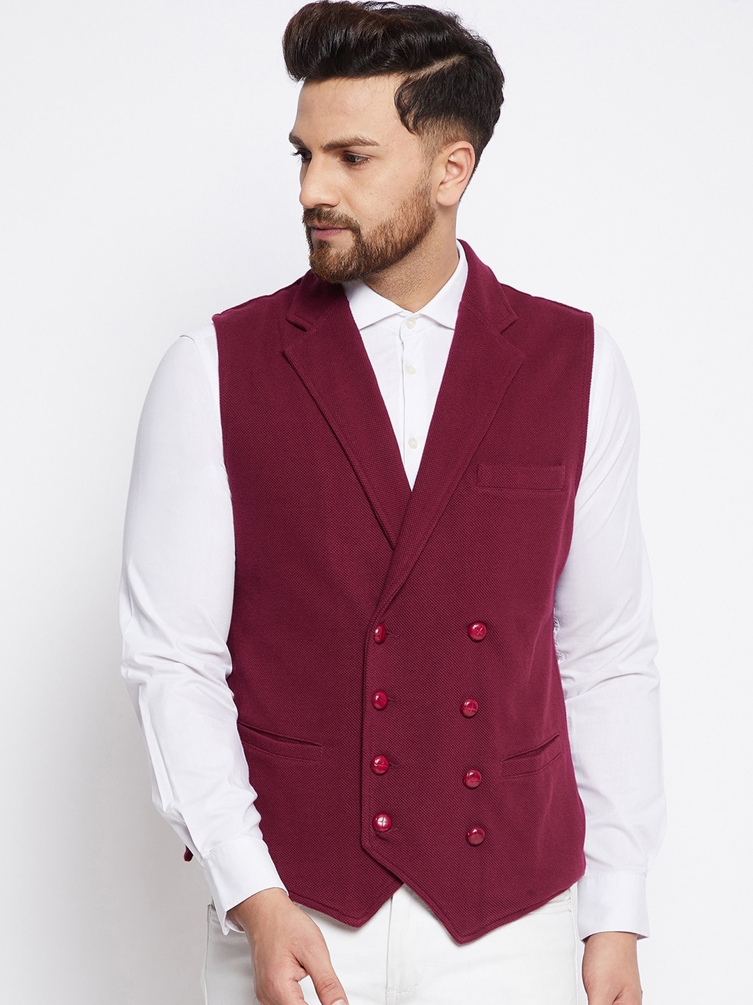 

Hypernation Men Maroon Woven Design Pure Cotton Waistcoat