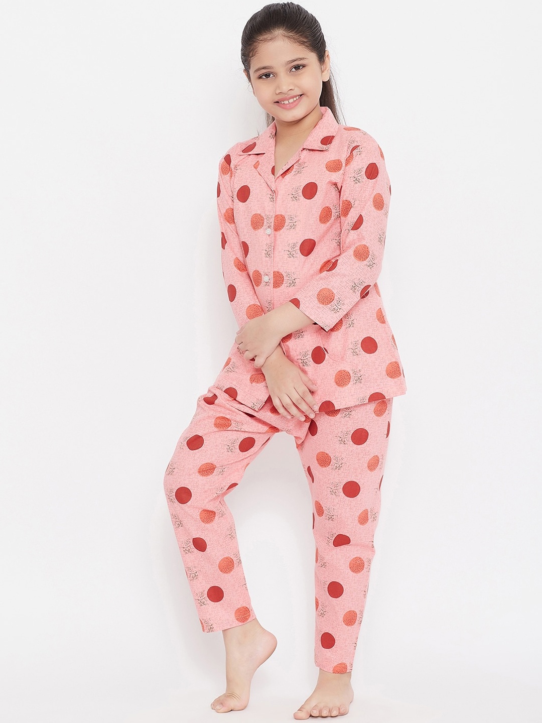 

KYDZI Girls Peach-Colored Polka Dots Printed Nightsuit