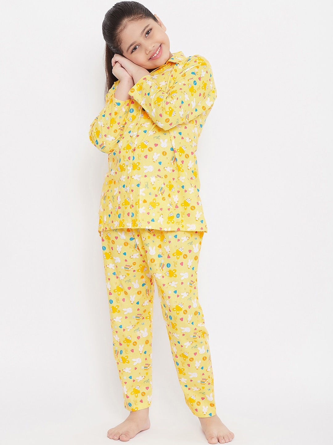 

KYDZI Girls Yellow & Blue Printed Night suit