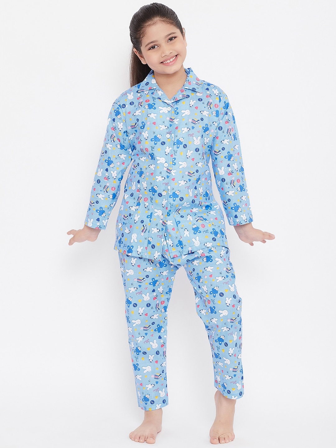 

KYDZI Girls Blue & White Printed Night suit