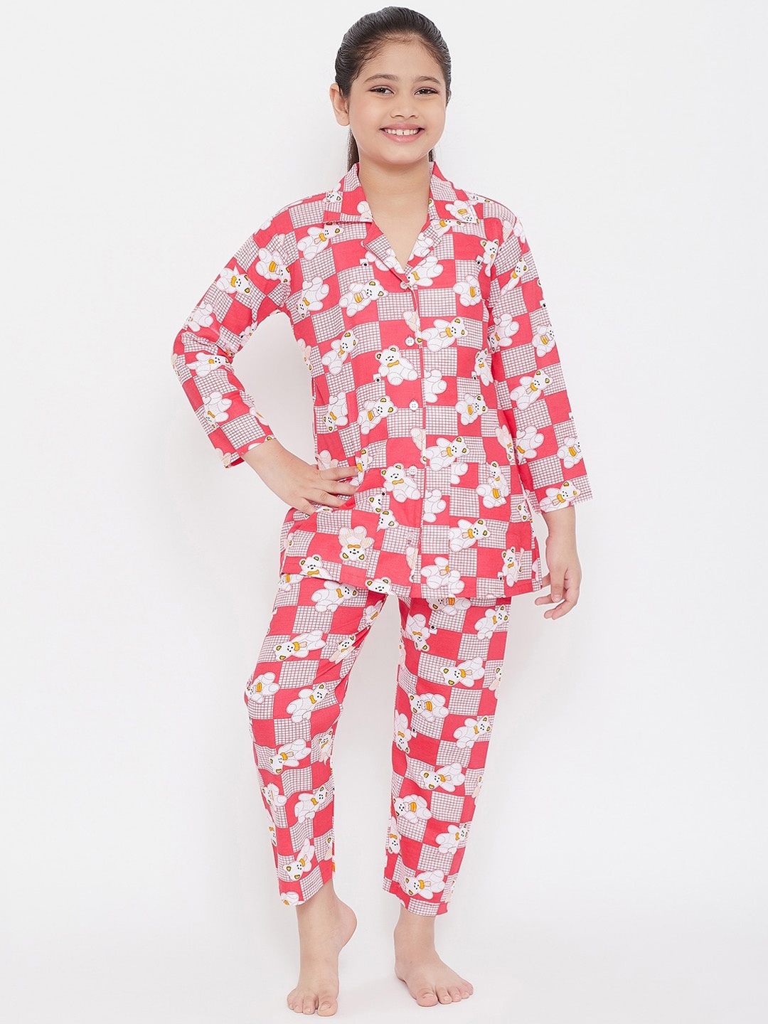 

KYDZI Girls Red & White Printed Night suit