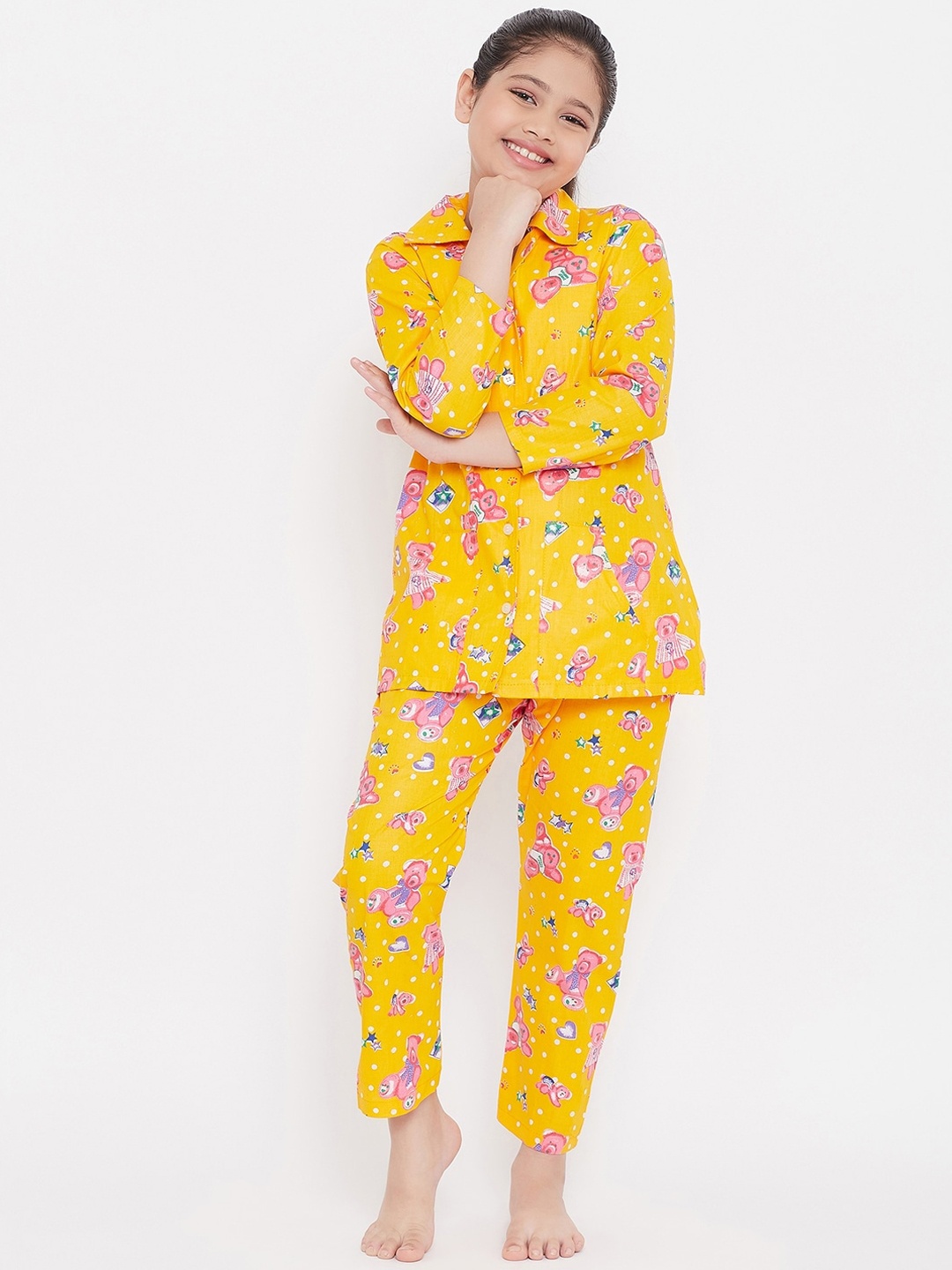

KYDZI Girls Mustard & White Printed Night suit