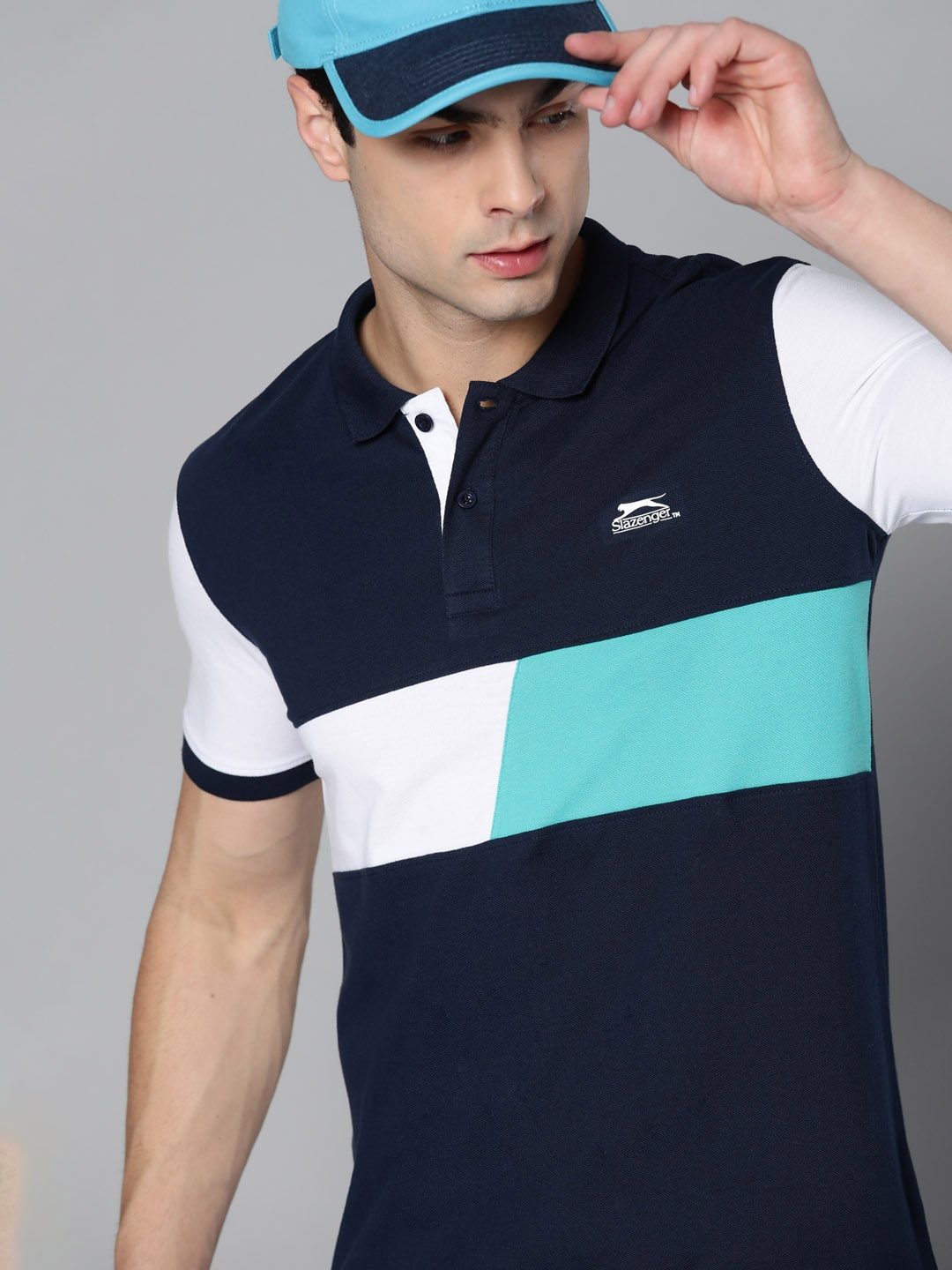 

Slazenger Men Navy Blue & White Colourblocked Polo Collar T-shirt