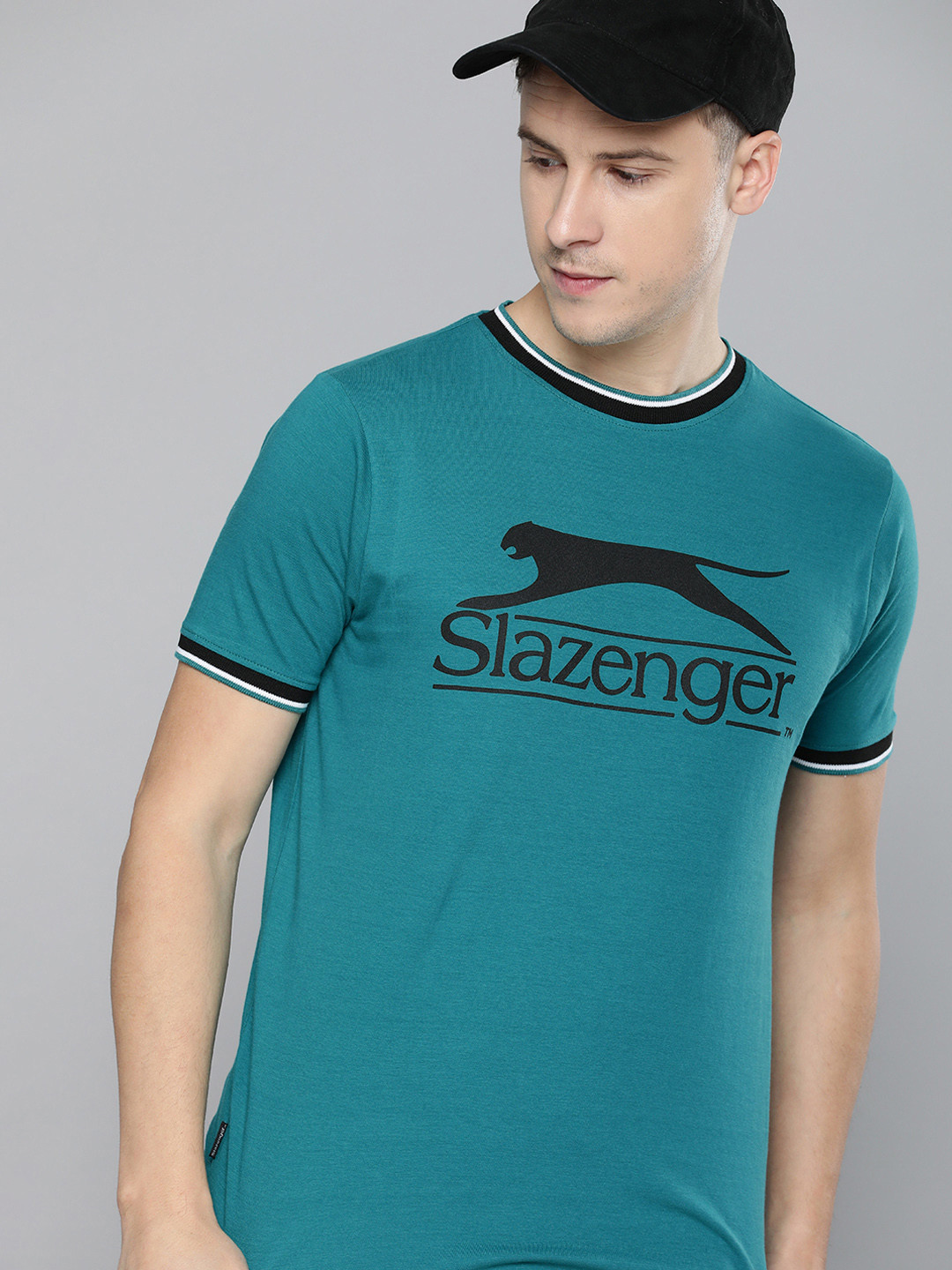

Slazenger Men Teal Blue Brand Logo Printed Pure Cotton Bio-Wash T-shirt