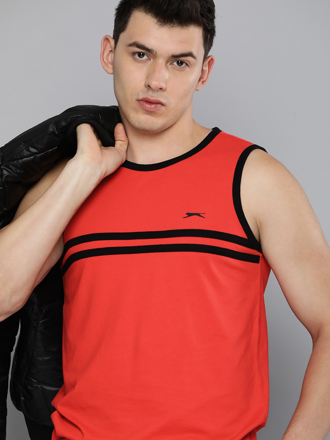 

Slazenger Men Red & Black Striped Bio-Wash Pure Cotton Bio-Wash T-shirt