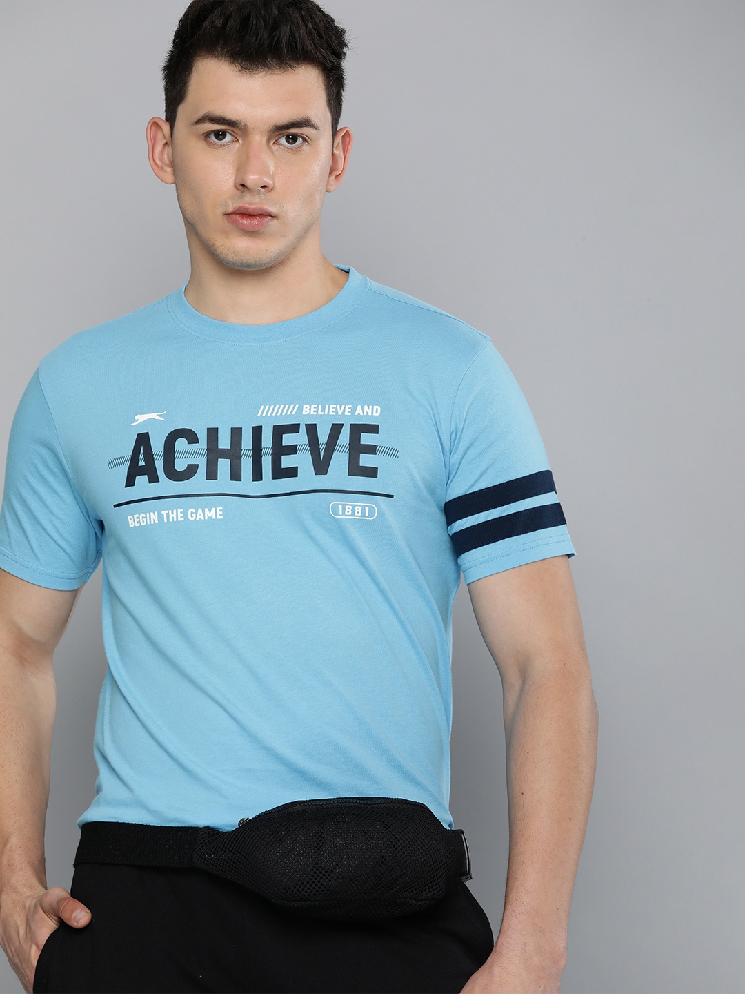 

Slazenger Men Blue Typography Printed Bio-Wash Pure Cotton Running T-shirt