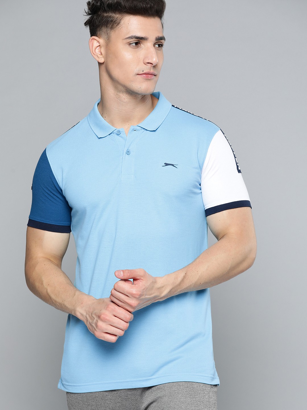 

Slazenger Men Blue Solid Polo Collar Athleisure Bio-Wash T-shirt